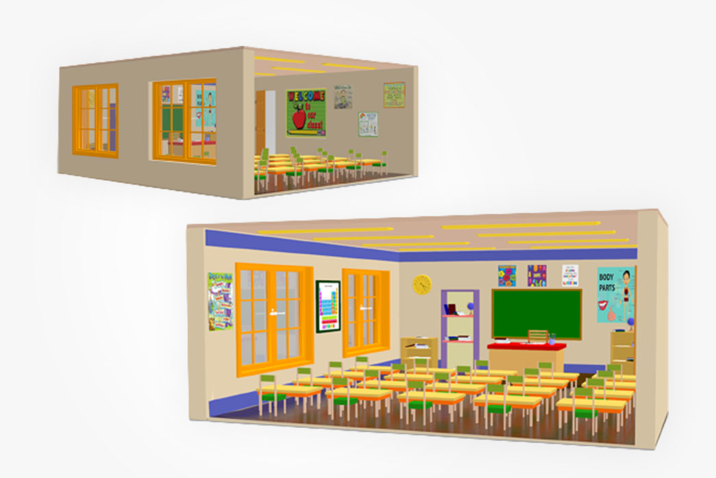 classroom interior 3d environment, 3d classroom interior, cartoon classroom interior model,