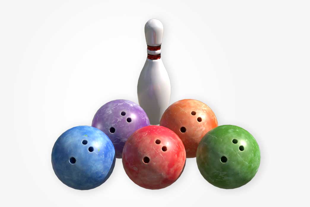 3d bowling balls and pins, 3d bowling equipment, bowling game equipment,
