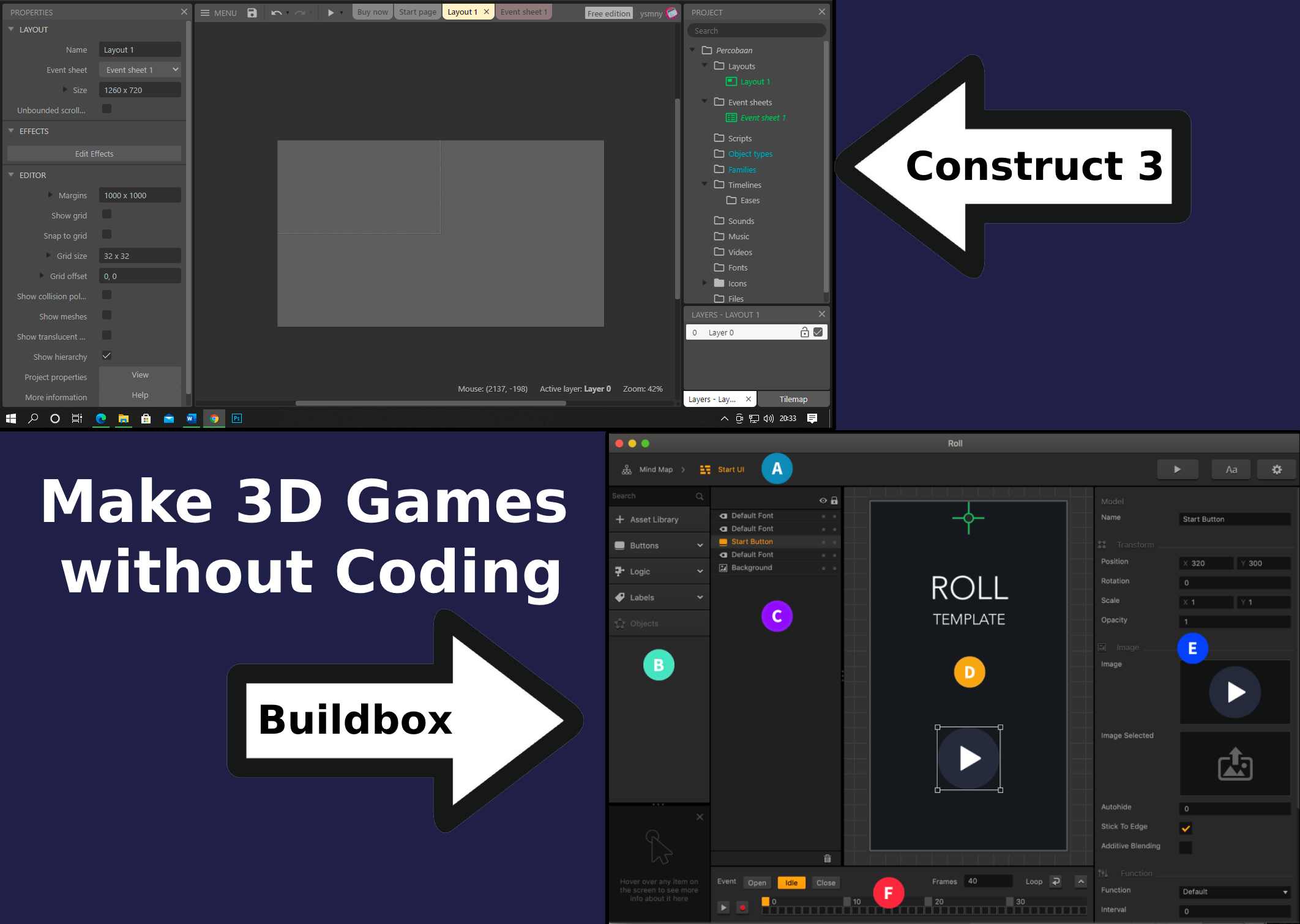 3d games without coding, drag and drop, construct ui, buildbox ui,