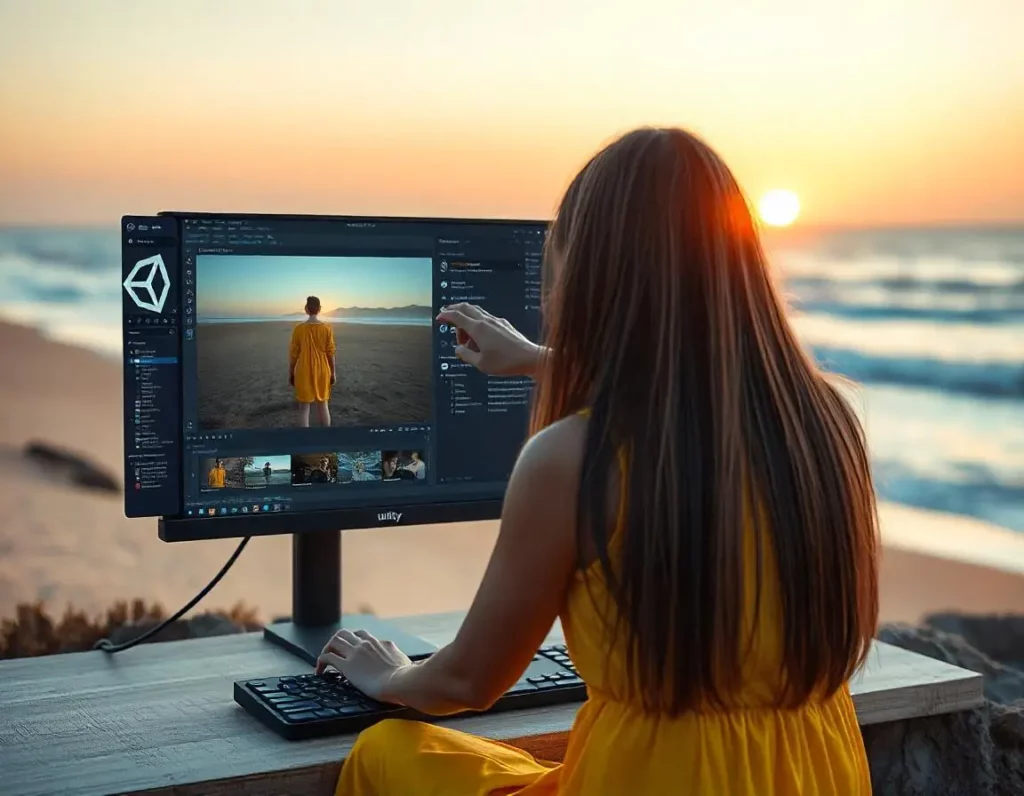 a female working on a computer screen with unity 3d game engine open on the screen